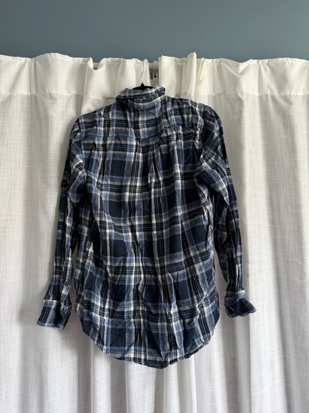 Men's Navy and White Plaid Flannel Button-Up Shirt